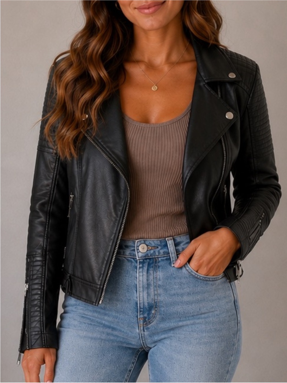 Topshop Black Quilted Faux Leather Biker Jacket